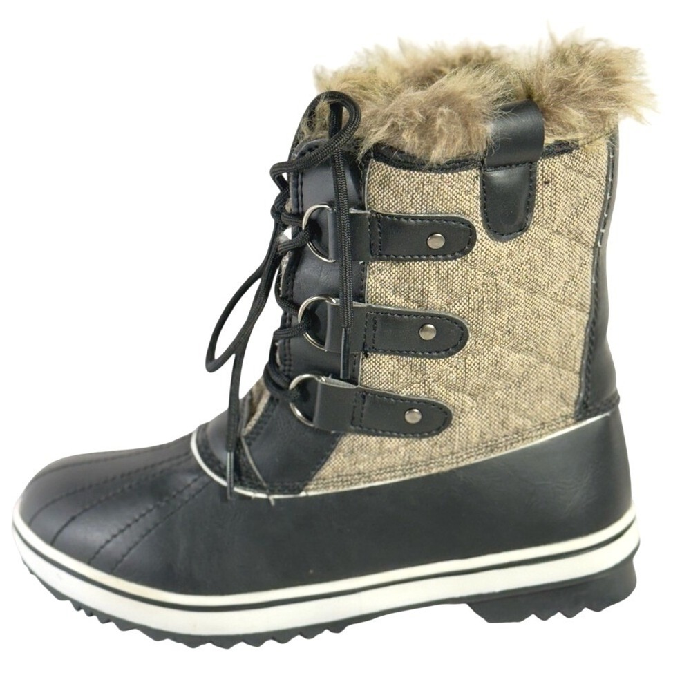 Mishansha duck boot size 9 Women's Black and Tan Faux Fur Winter Lace-Up Boot